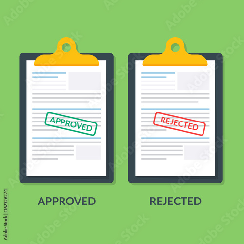 set of documents on the clipboard. Printing is approved or reject. Tax return or credit document. Business documentation. Premium quality vector illustration in flat style.