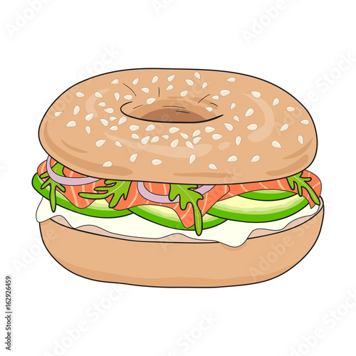 Fresh bagel sandwich with cream cheese, salmon fillet, avocado, rucola and onions. Delicious breakfast. Take away fast food. Vector illustration.