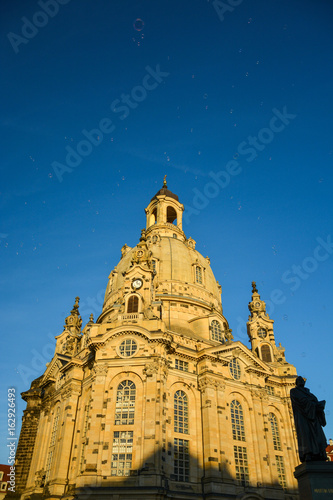 The cathedral "Frauenkirche" in Dresden and the statue of Martin Luther