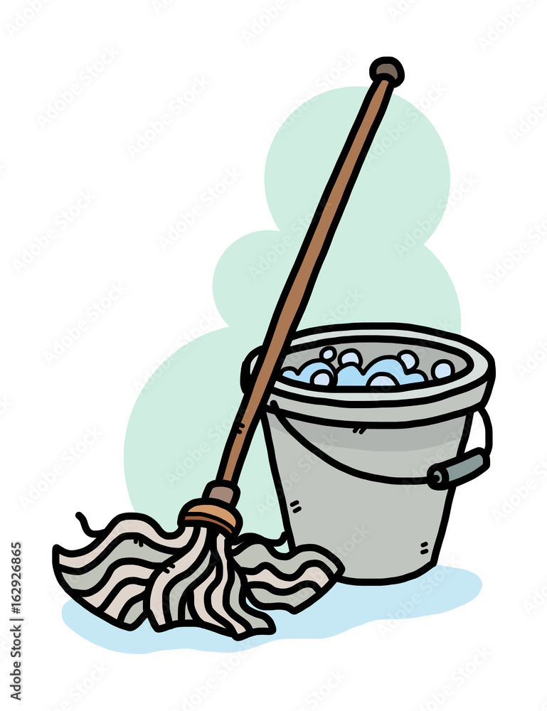 cleaning mop and water bucket / cartoon vector and illustration, hand drawn  style, isolated on white background. Stock Vector | Adobe Stock