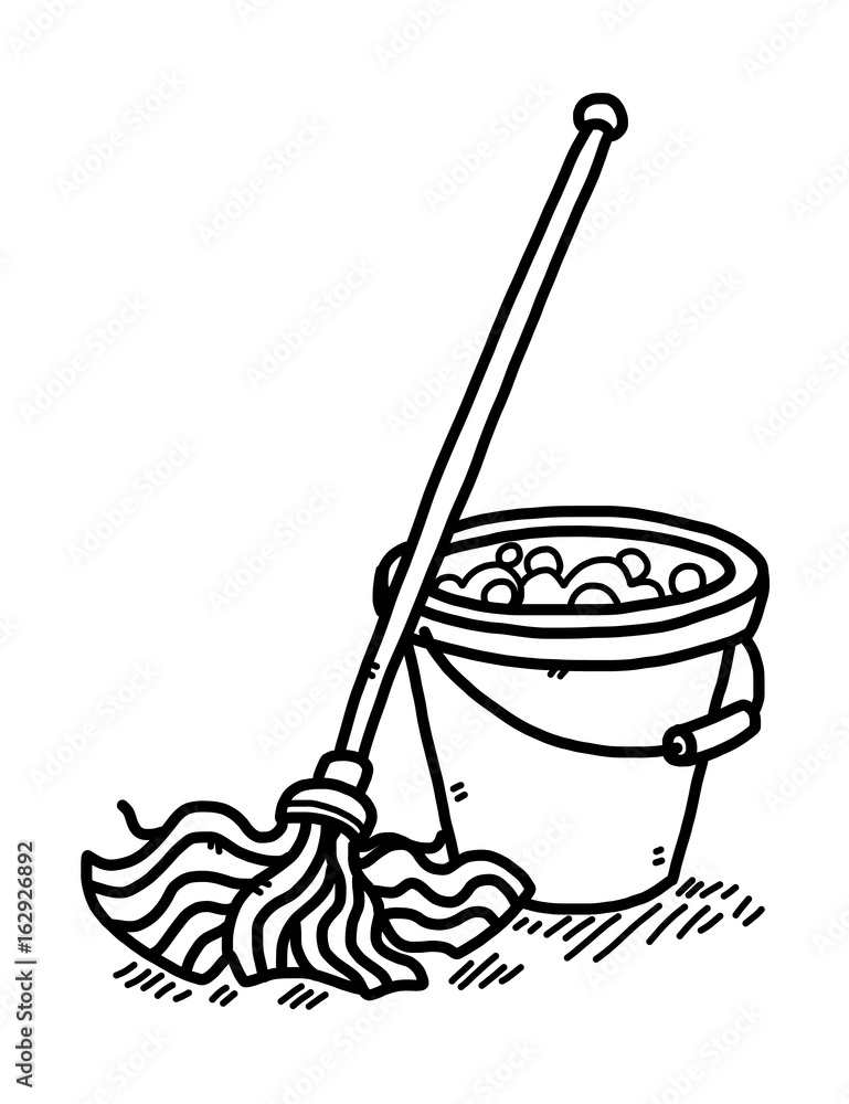cleaning mop and water bucket / cartoon vector and illustration, black and  white, hand drawn, sketch style, isolated on white background. Stock Vector  | Adobe Stock
