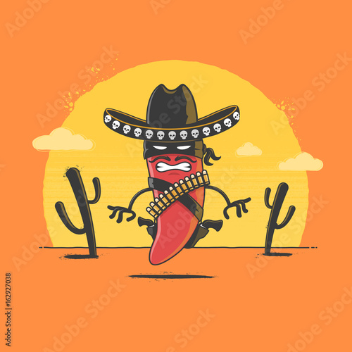 Angry chili pepper desperado ready for gunfight duel in desert sunset. Vector cartoon illustration
