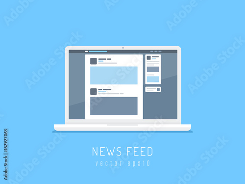 Social network news feed displayed on laptop computer. vector illustration in flat style