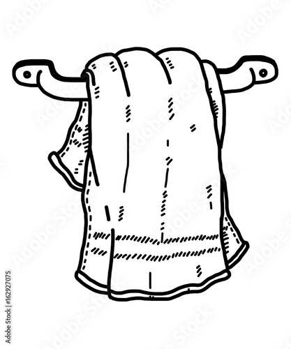 hanging towel in bathroom / cartoon vector and illustration, black and white, hand drawn, sketch style, isolated on white background.