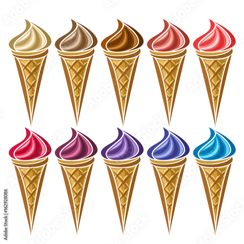 Vector set of Ice Cream in waffle Cone: 10 wafer cones with different flavor ice cream isolated on white background, soft mixed gelato ice cream served of swirl cone, chocolate yogurt creamy dessert.