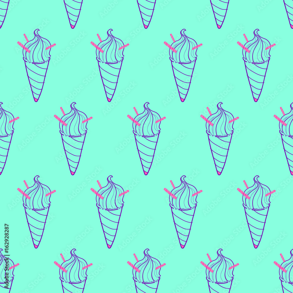 Seamless ice cream cone pattern on bright mint background, hand-drawn color summer food vector, for cards, invitations, food design, EPS 8
