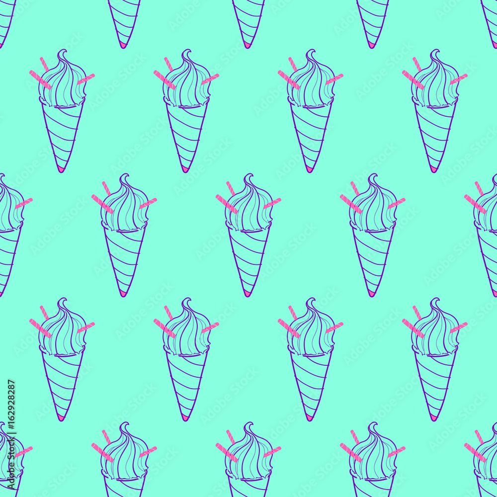 Seamless ice cream cone pattern on bright mint background, hand-drawn color summer food vector, for cards, invitations, food design, EPS 8 Seamless ice cream cone pattern on bright mint background, hand-drawn color summer food vector, for cards, invitations, food design, EPS 8