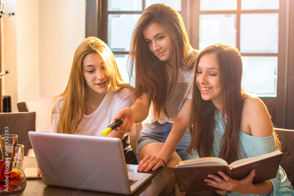 High school students learning with laptop and books together. High school students learning with laptop and books together.