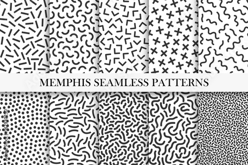 Collection of memphis seamless patterns. Fashion 80-90s. Black and white mosaic textures.