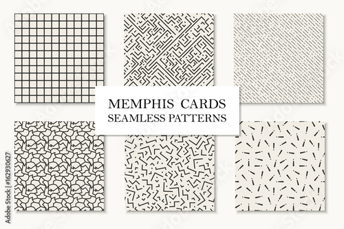 Collection of seamless memphis geometric patterns, cards. Retro fashion style 80 - 90s.