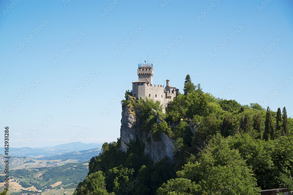 Aerial view of Cesta and The Montale on the cliff edge on Mount Titano. Second Tower. Republic of San Marino inside Italy.