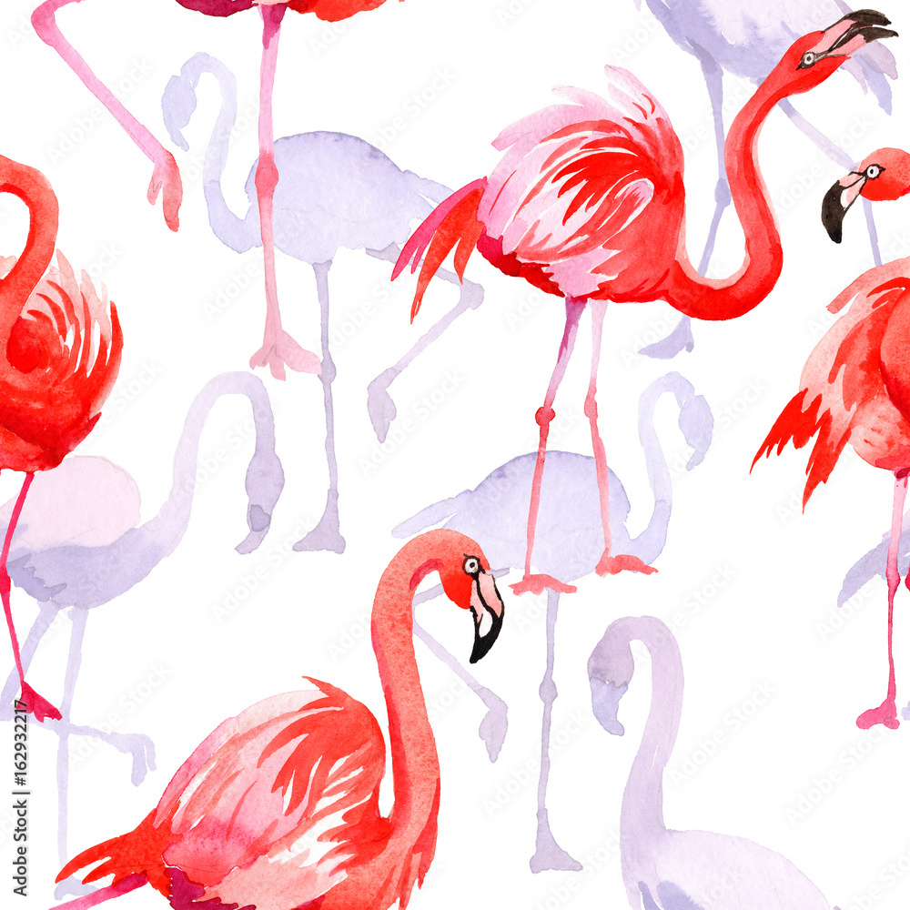 Obraz premium Sky bird flamingo in a wildlife by watercolor style isolated. Wild freedom, bird with a flying wings. Aquarelle bird for background, texture, pattern, frame, border or tattoo.