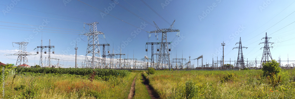 Panorama of high voltage substation. Distribution electrical power.