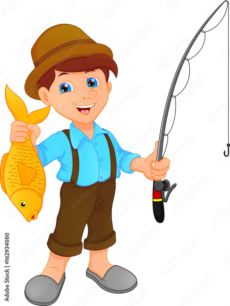 boy fishing holding fish cartoon Stock Vector