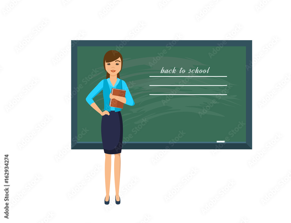 Young teacher with pointer beside blackboard on white background. Young teacher with pointer beside blackboard on white background.