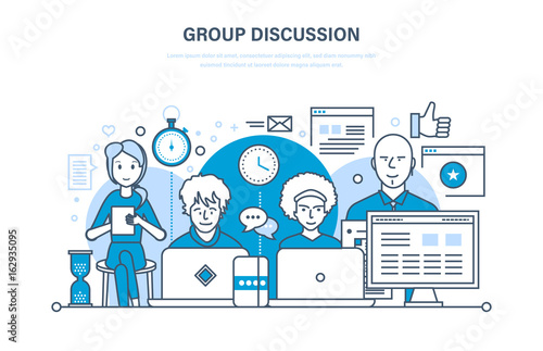 Group discussion, communications, cooperation, teamwork, partnerships, integrated approach to conversation.