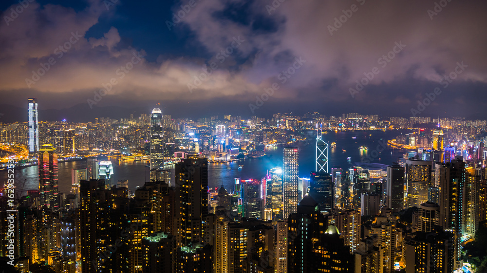 Hong kong china cityscape in the night from victoria peak