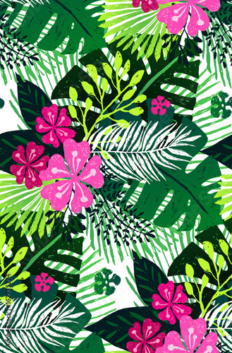 Seamless exotic pattern with pink green palm leaves on white background. Vector illustration.