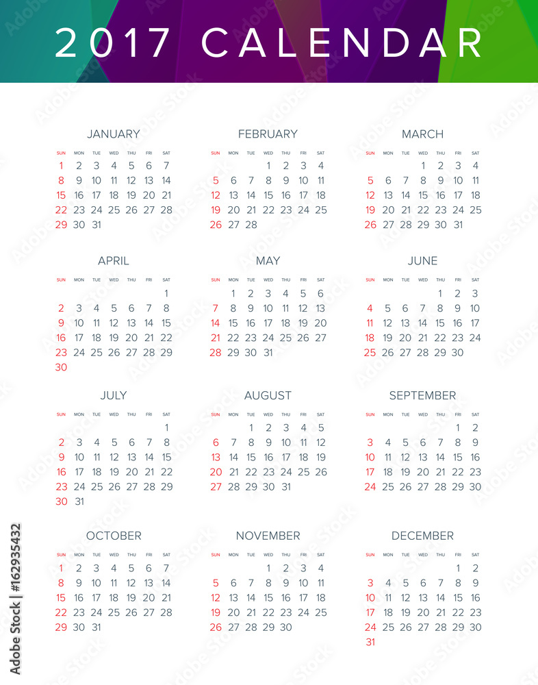 2017 Calendar. Abstract. Week Starts from Sunday. Vector illustration. Print Ready 2017 Calendar. Abstract. Week Starts from Sunday. Vector illustration. Print Ready