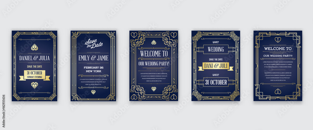 Set of Great Quality Style Invitation in Art Deco or Nouveau Epoch 1920's Gangster Era Collection Vector - obrazy, fototapety, plakaty 