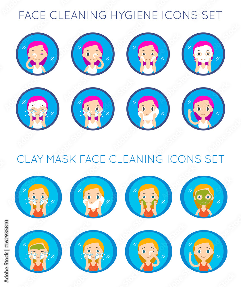 Vector Face Cleaning And Care Actions Illustration Set Vector Face Cleaning And Care Actions Illustration Set