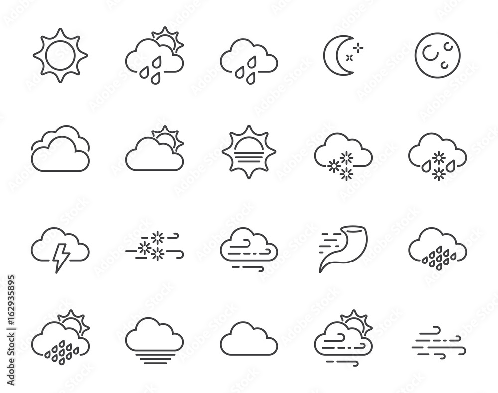 Set of Minimal Weather Related Vector Line Icons. Contains Icons like Wind, Blizzard, Sun, Rain and more. Stroke Style. Pixel Perfect. - obrazy, fototapety, plakaty 