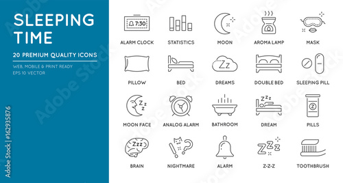 Set of Minimal Sleep Time Vector Line Icons. Perfect Pixel. Thin Stroke.