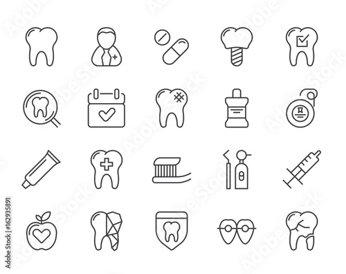 Fototapeta Naklejka Na Ścianę i Meble -  Set of Minimal Dentist Dental Clinic Vector Line Icons. Perfect Pixel. Thin Stroke. 48x48.