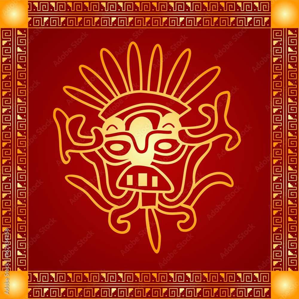 Golden symbolic vector ornaments of American native Indians, Aztec and Maya