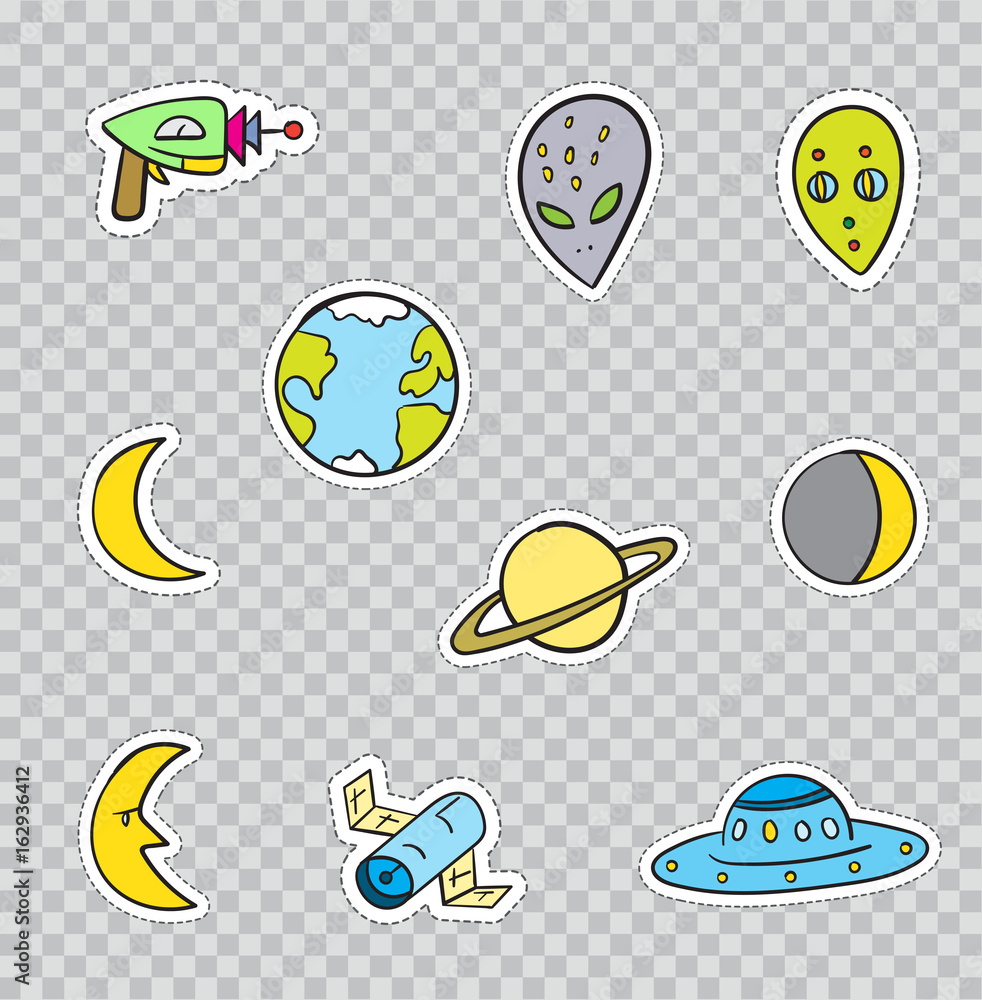 Patch Badges with Space and Aliens. Vector illustration isolated on transparent background. Set Pack of stickers, pins, patches in cartoon 80's - 90's comic style.