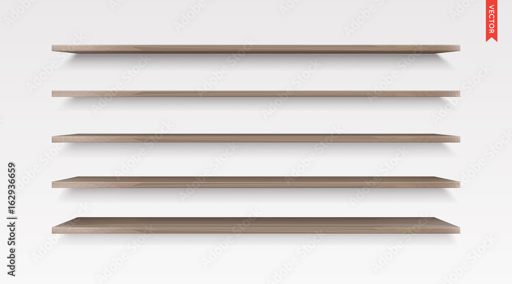 Set of Wood Shelves Vector Isolated on the Wall Background Set of Wood Shelves Vector Isolated on the Wall Background