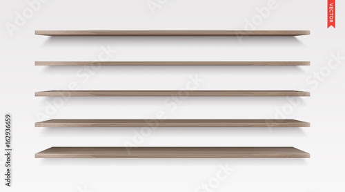 Set of Wood Shelves Vector Isolated on the Wall Background