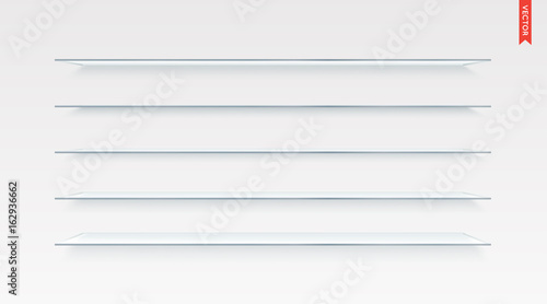 Set of Glass Shelves Vector Isolated on the Wall Background