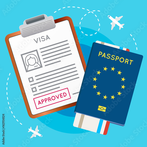 Eurozone Europe Visa Approved Stamp on Document. Passport with Flight Aircraft Ticket. Travel Immigration Stamp. Vector Illustration.