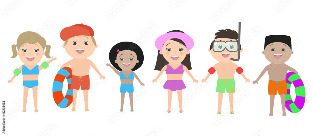 Children of different nationalities in beach clothes isolated on white background. Vector cartoon