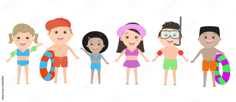 Children of different nationalities in beach clothes isolated on white background. Vector cartoon Children of different nationalities in beach clothes isolated on white background. Vector cartoon