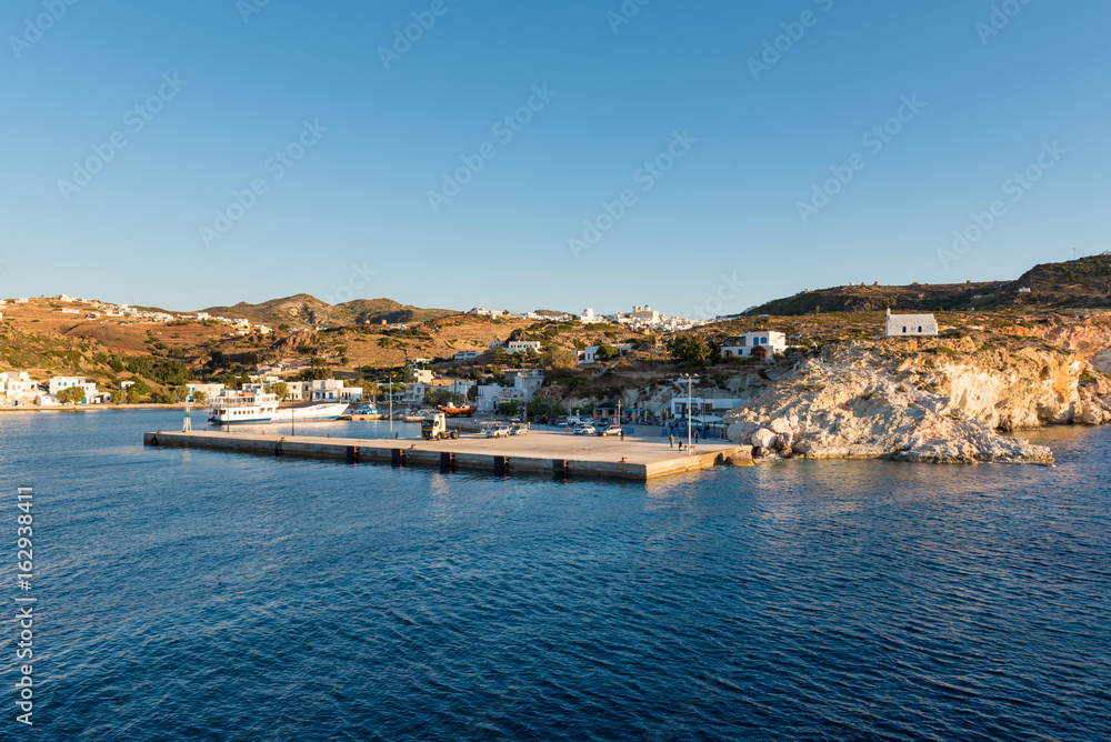 Psathi village and the main port of Kimolos island. Cyclades, Greece.