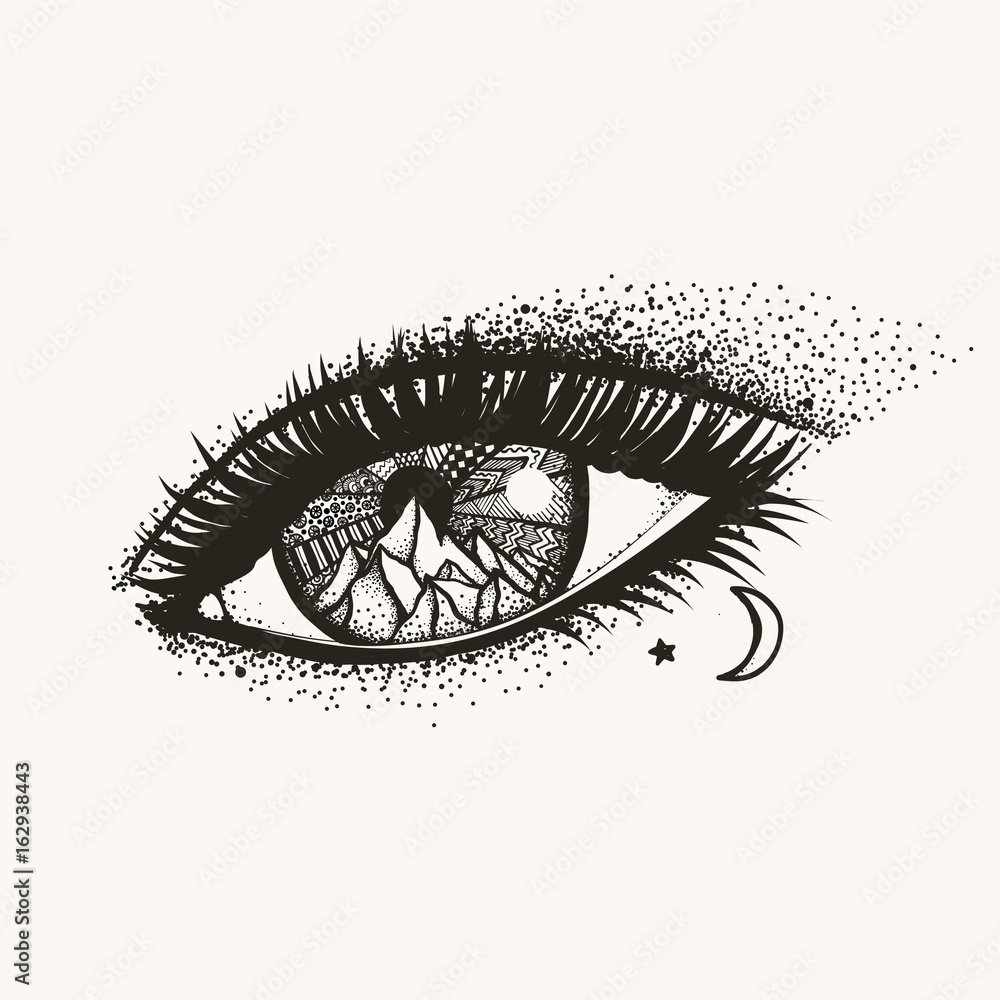 Obraz premium Hand drawn dotwork tattoo woman eye seeing mountain and sun zendoodle ray, traveling,hiking, adventure concept. Vector illustration