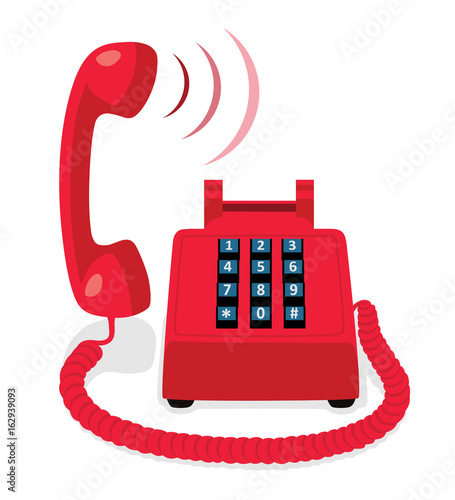 Red stationary phone with button keypad and raised handset