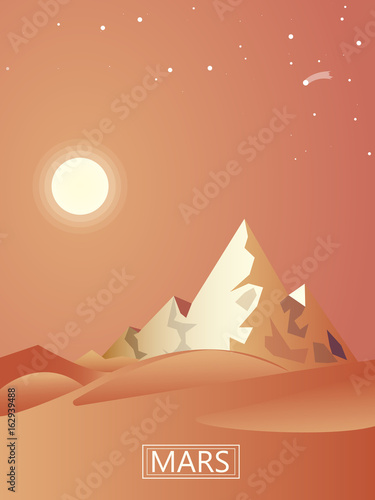 Mars planet with red ground and mountains. Nature landscape with stars and sun. Vector illustration.