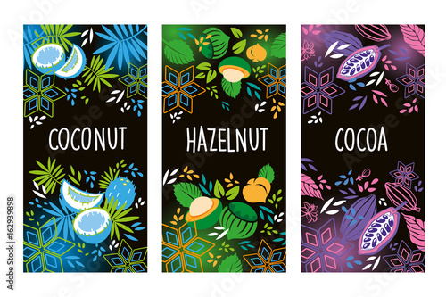 Vector set of templates packaging, Coconut, Hazelnut and Cocoa label. Vector illustration for your design