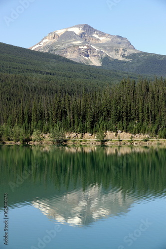  Scenic view of the Medicine lake with a mountain reflection  Jasper park  Alberta  Canada