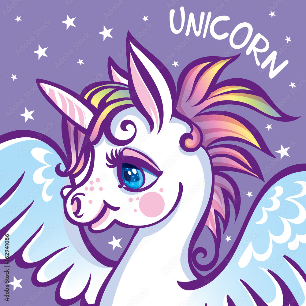 cute unicorn, stars, greeting card, vector illustration