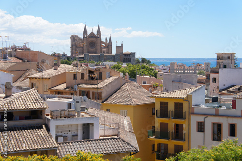 Cityscape, buildings, sea, Cathedral de Mallorca of Palma de Mallorca, Spain