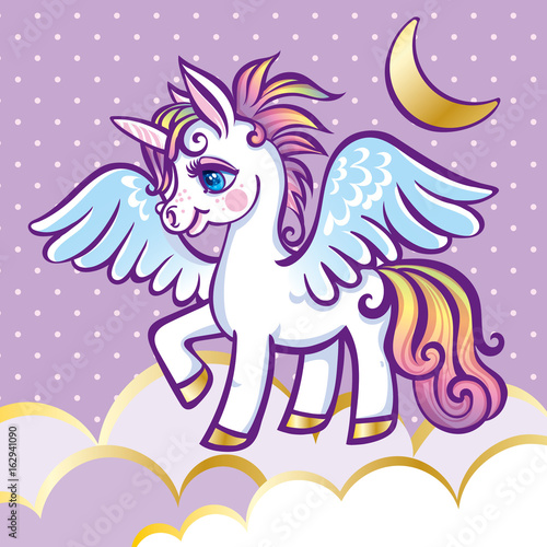 cute unicorn  stars  clouds and moon greeting card  vector illustration