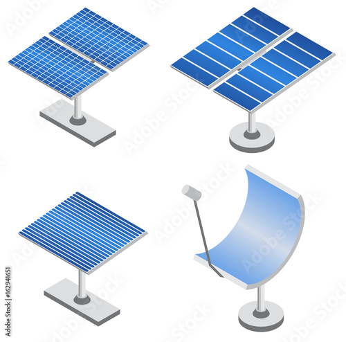 Set of solar panels in isometric projection. Renewable energy source. Eco friendly power technology. Vector illustration.