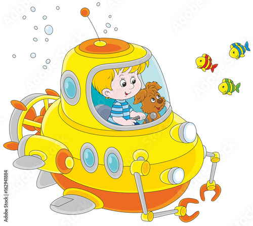 Toy deep-sea bathyscaphe piloting by a little boy with his pup