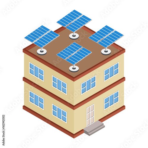 House with solar panel on roof. Isometric cottage with solar cells energy equipment. Eco friendly alternative technology concept. Vector illustration.