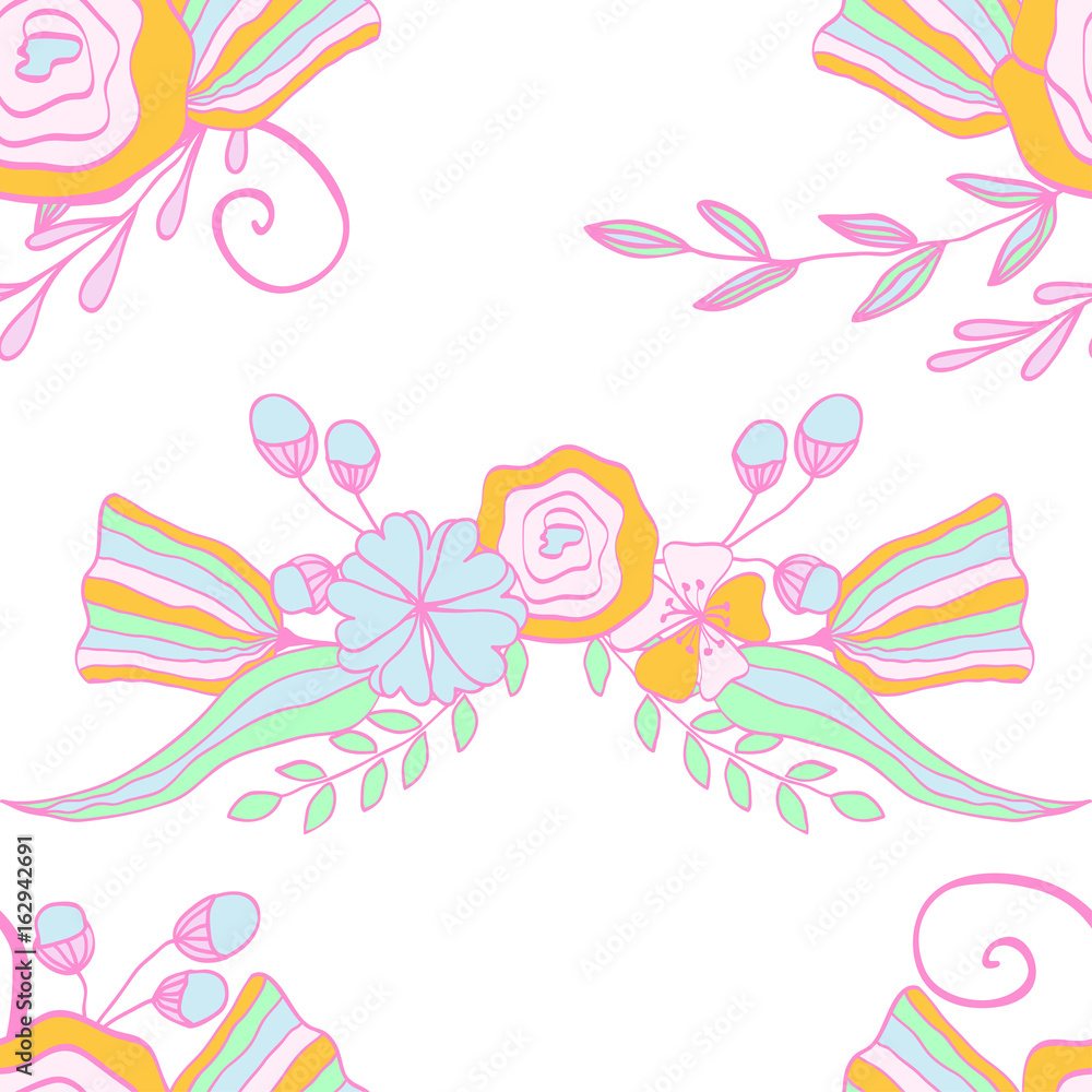 Seamless doodle floral background. Hand drawn surface pattern design with flowers. Vector illustration.