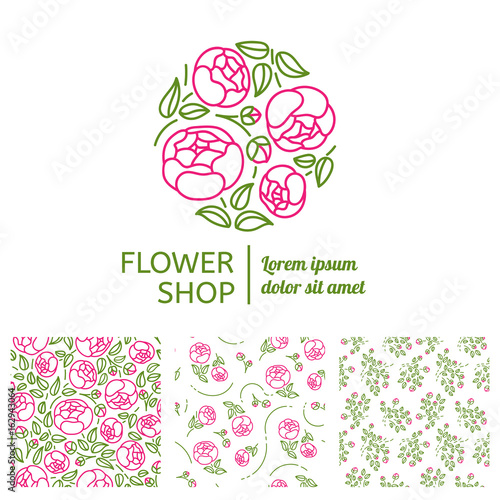 Corporate identity for a flower shop. The logo in the linear style and three seamless pattern